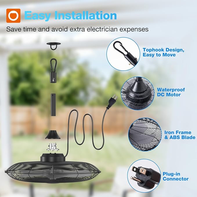 addlon Outdoor Fans for Patios, 20 inch IP65 Waterproof Gazebo Fan Remote&APP Control, 6 Speeds, Quiet, DC Motor, Plug in Ceiling Fan with Hook Hanging Caged Fan for Pergola Porch Canopy Backyard
