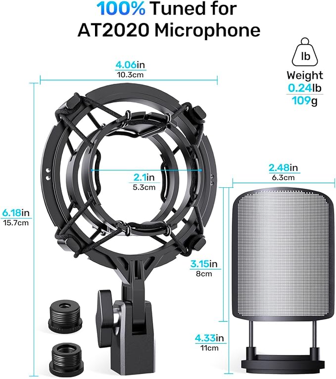 AT2020 Microphone Shock Mount with Metal Pop Filter, [Custom Built for audio technica Mic] Anti-Vibration Suspension Shockmount Holder Clip Compatible with AT2020USB+ AT2035 ATR2050 AT3035 AT3060