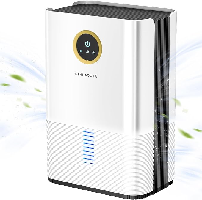 PTHRAOUTA Dehumidifier for Room for Home, (850 sq.ft) Small Dehumidifiers with Drain Hose, Safe Drainage Auto-off Odor Removal 2 Duak-Core Portable Mini Deshumificador Bathroom RV, 50 OZ Water Tank