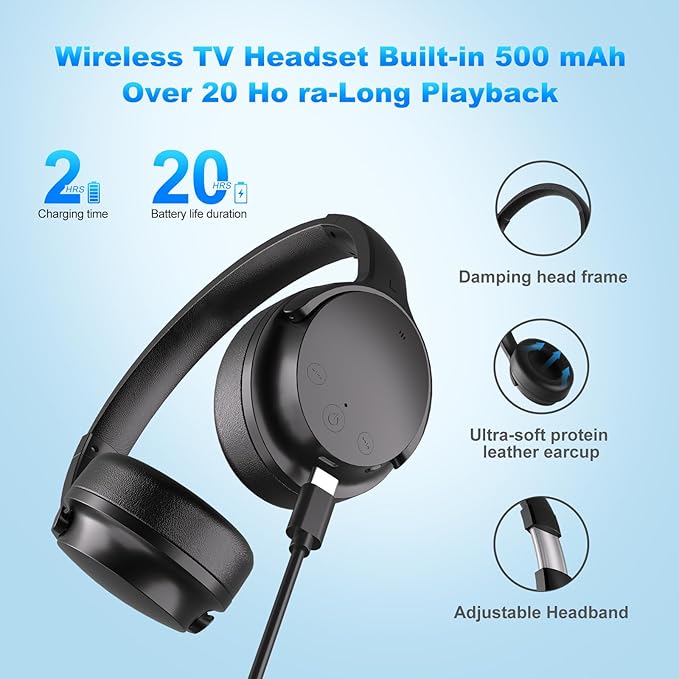 Wireless Headphones for TV, TV Headphones Wireless for Seniors with USB Transmitter,Over Ear TV Headphones, Plug & Play, No Audio Delay, 20+ Hours