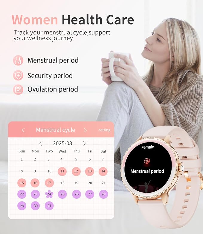 SUNKTA Smart Watch for Women (Answer/Make Call),1.27" Curved Display Smartwatch with Female Cycle/Sleep Monitor,5ATM Waterproof Fitness Tracker 100 Sport Modes Pedometer for Android/iOS,Gold