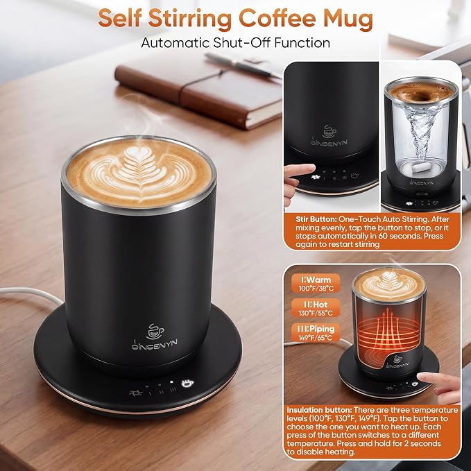 Self Stirring Coffee Mug, Self Heating Coffee Mug, Heated Cup with 3-Level Smart Temperature Control, Auto Shut-Off Electric Coffee Cup Warmer with Detachable Base, Gift for Family Friends (Black)