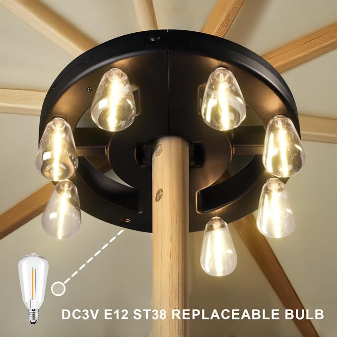 Patio Outdoor Umbrella Lights, Rechargeable Battery Cordless Umbrella Light with 8 Warm White Bulbs 3 Brightness Levels, for Patio, Garden, Backyard, Camping or BBQ