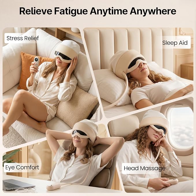 Head and Eye Massager 2 in 1 Electric Head Massager 6 Zone Kneading 6 Level Heat Remote Controller Rechargeable Portable View Window for Migraine Tension Headache Eye Strain Relief GIF