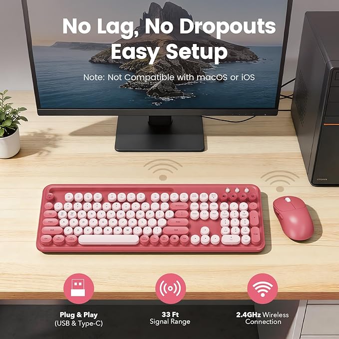 Wireless Keyboard and Mouse Combo, Retro Round Keycaps, Full-Size Stylish Typewriter Keyboard with Large Phone/Tablet Holder, 3-Level DPI Ergonomic Mouse, 2.4GHz Cordless for Windows PC, Rose Pink