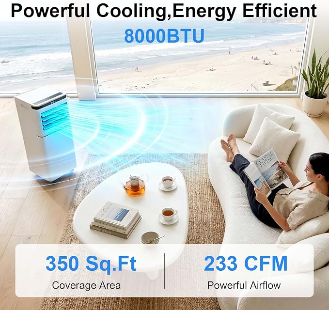 Electactic 8050 BTU Portable Air Conditioner for Fast Cooling, 4-in-1 Indoor AC Unit with Dehumidifier & Fan Modes, Powerful Personal AC for Rooms up to 350 Sq.Ft., Smart Remote & 24H Timer