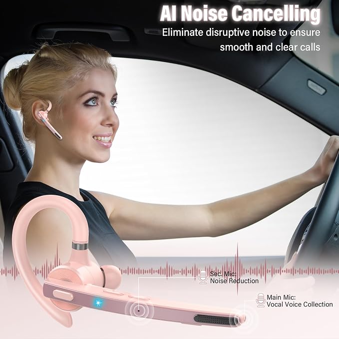 2026 Bluetooth Headset, Wireless Bluetooth 5.3 Earpiece, 90Hrs Single-Ear Headset with APTX HD Audio & Mute Button, Dual Noise Cancelling Mics, Hands Free Headphone for Trucker, Business, Gym, Pink