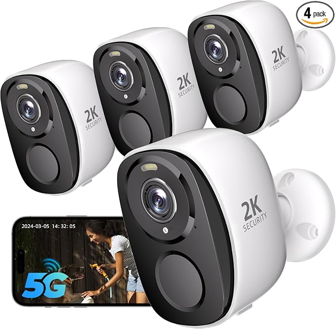 Rraycom 4 Pack 2K Security Cameras Wireless Outdoor, Battery Powered 5GHz/2.4GHz WiFi Cameras for Home Security, AI Motion Detection, Color Night Vision, Siren Alarm, 2-Way Audio, IP65, Cloud/SD,Alexa