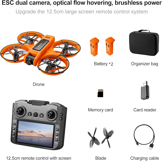 RC Drone With Screen On Controller (4.92in), UHD Dual Camera, Brushless Motor, Optical Flow Hovering, 360° Propeller Guard, 6-Axis Gyro, Headless Mode, One-Key Takeoff/Landing, 3-Speed Adjustable, 50X Zoom, Gesture Control, Trajectory Flight, Night LED...