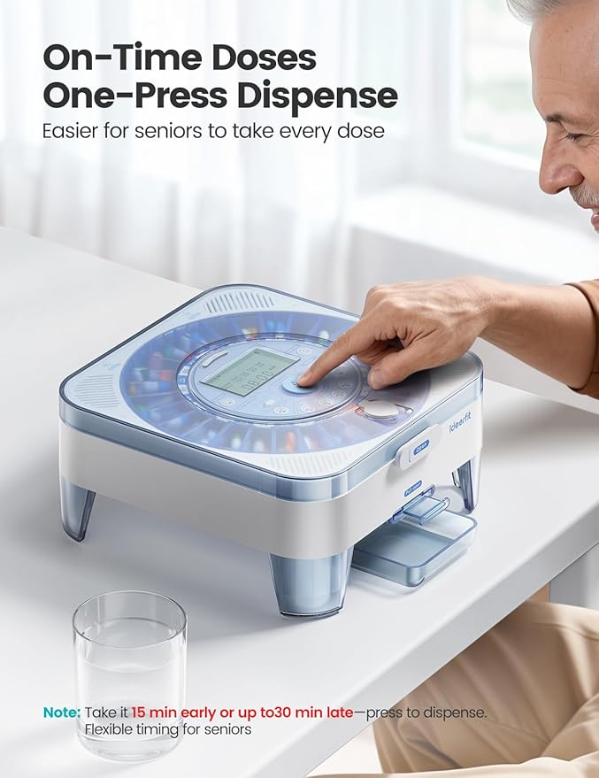 28-Day(1X) Automatic Pill Dispenser – One-Press Daily Dispense (No APP), Easy-to-Use Slide-Door Cup, Sound & Light Alerts, Moisture-Proof Dual Desiccants, Large Compartments for Tablets & Capsules