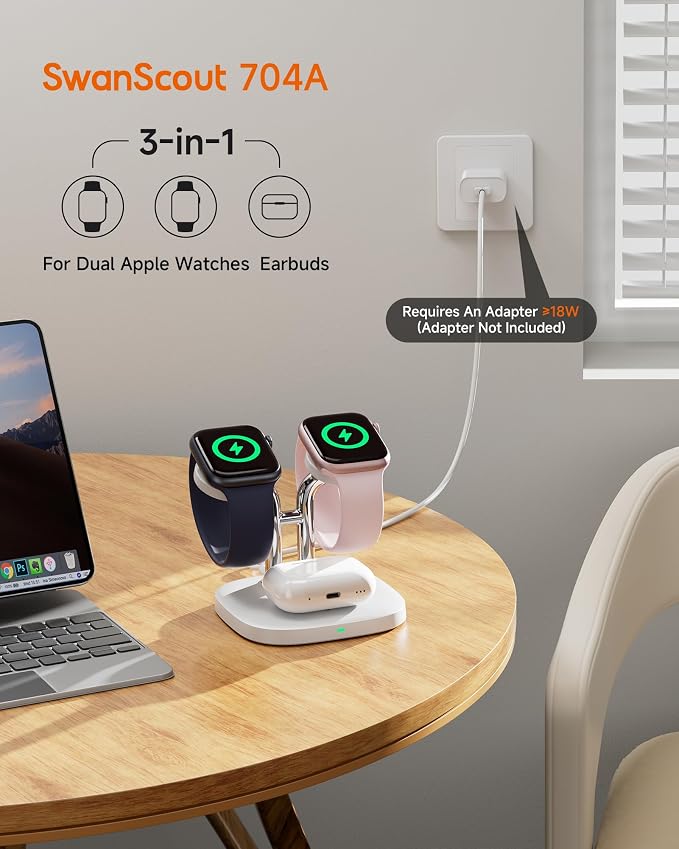 Dual Watch Charger with Fast Charging for Apple Watch, SwanScout 704A, 3-in-1 Wireless Charging Station Stand for Apple Watch Ultra 3/11/10, Wireless Charger Dock for AirPods Pro 3/4 (White & Silver)