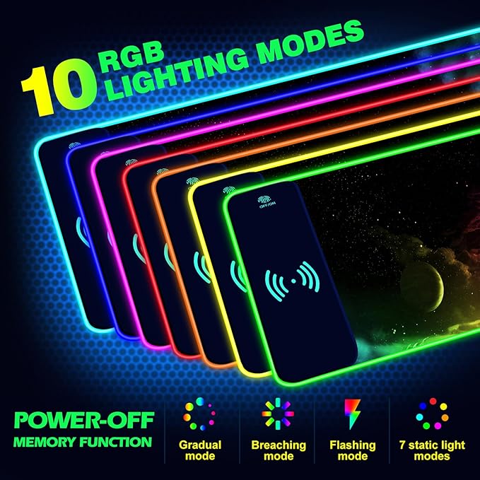 AIMSA Wireless Charging RGB Gaming Mouse Pad 15W, Extended LED Desk Mat Protector 800x300x4MM, 14 Light Modes Extra Large Mousepad Non-Slip Rubber Base Desk Mat, Nebula Universe