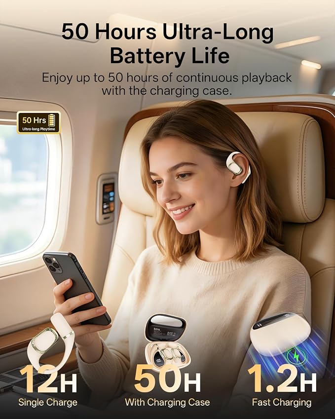 Open Ear Earbuds, Over Ear Headphones with Ear Hooks, True Wireless Bluetooth 6.0 Earphones, Stereo Sound, Ultra-Comfort, 50H Playback, IPX7 Waterproof Ear Buds with Mics for Running Sports