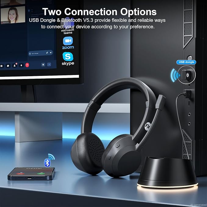 Wireless Headset, Bluetooth Headphones with Mic(AI Noise Cancelling), 65 Hrs Working Time with USB Dongle, Wireless Headset with Mic for Work from Home/Computer/Laptop/PC/Android