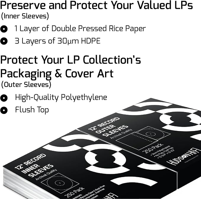 Hudson Hi-Fi Anti-Static Vinyl Record 250 Inner 250 Outer Sleeves - Ultimate LP Protection from Scratches, Dust & Dirt- Acid Free Thick Rice Paper