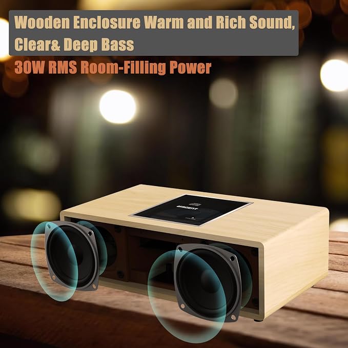 Nostalgic Bluetooth Stereo System for Home, WISCENT Vintage Micro HiFi Systems CD Player,with Bluetooth Audio Streaming,FM Radio,USB Port,Aux-in,Earphone Port (Wood Color)