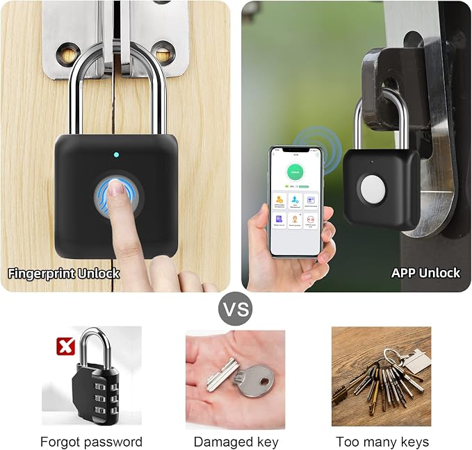 Fingerprint Padlock eLinkSmart Gym Locker Lock for Boys with Phone App iOS Watch Metal Keyless Combination Locks for School Sports Locker Toolbox Hasp Storage Obsidian Black