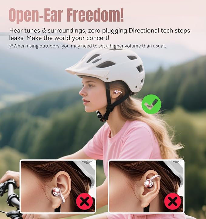 King Lucky Next-gen Clip on Earbuds Open Ear Wireless Bluetooth 6.0 Headphones with Mic,50H Play,ENC,IPX5 Waterproof,Sports Ear Buds,Comfortable for Small Ears&Fitness,Running (LED Display, Pink)