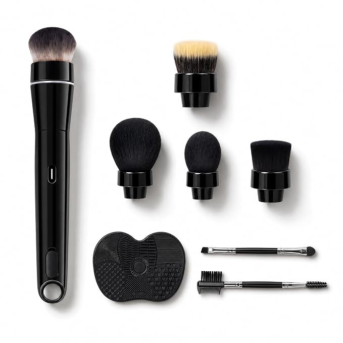 360° Rechargeable Rotating Makeup Brush Set, 5 Vegan Brush Heads, Electric Blending Face Brushes For Foundation, Blush, Powder, Bronzer, Contour, Highlight & Airbrush Finish, Flat Kabuki Brush