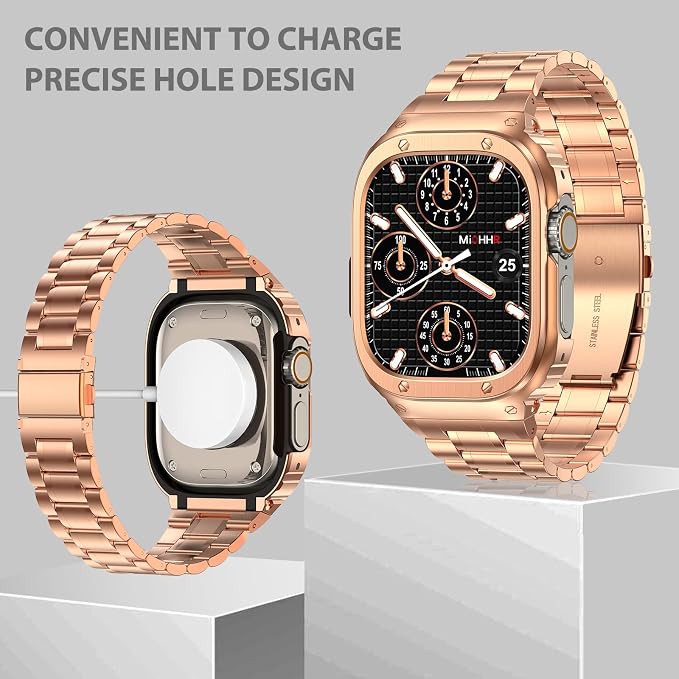 MioHHR Stainless Steel Watch Band with Case Compatible with Apple Watch Series Ultra3 2 1(49mm),Rugged Strap with Metal Protective Bumper Cover for iWatch Band Men(Rose Gold)