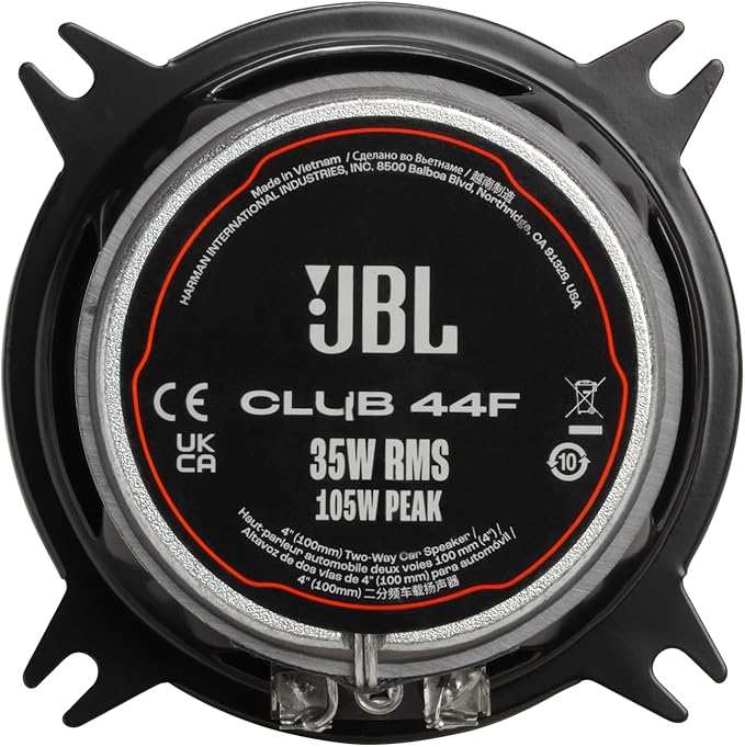 JBL Club 44F - 4" (100mm) Two-Way Car Speaker, 35W RMS, 105W Peak, Sensitivity (@ 2.83V): 90dB, Frequency Response: 75Hz – 20kHz, Nominal Impedance: 3.0 ohms
