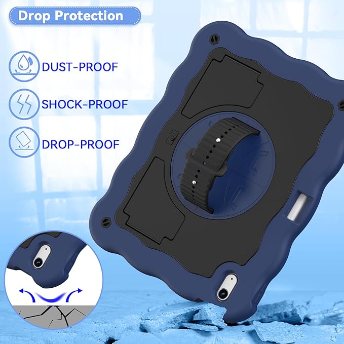 ZoneFoker for iPad A16 11th Generation 2025 / 10th Gen Case 2022, for 11 Inch / 10.9 Inch iPad Case Heavy Duty Cover Shockproof with Pencil Holder [360° Rotate Strap] & Stand, Navy Blue