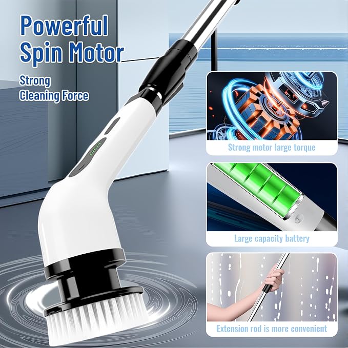 Electric Spin Scrubber, Cordless Cleaning Brush Scrubber with 12 Replaceable Brush Heads, 360 Power Scrubber Dual Speed with Adjustable & Detachable Handle for Bathroom Kitchen Car (White)