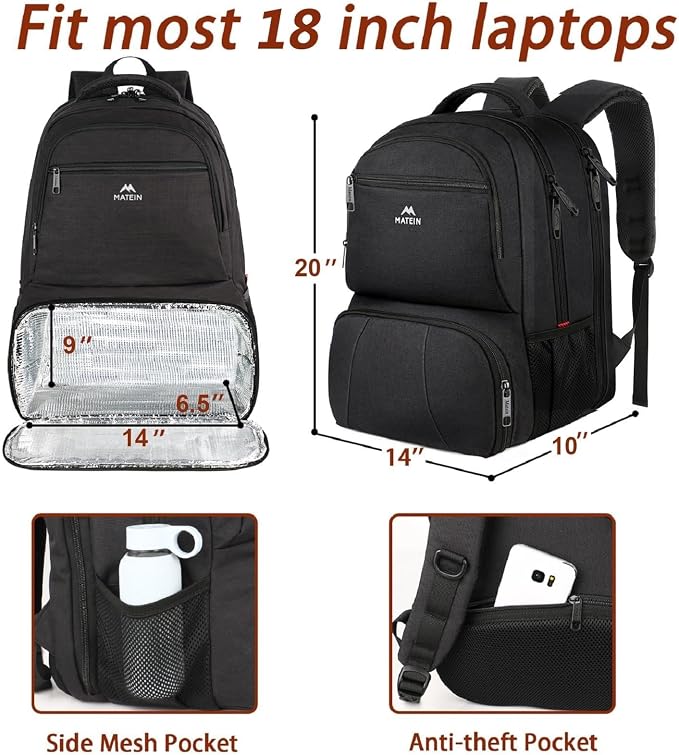 MATEIN Lunch Backpack for Men, 18 Inch Large Insulated Backpack Cooler with Lunch Compartment, Water Resistant Laptop Back pack with Lunch Box Bag for Work Travel Business College Picnic