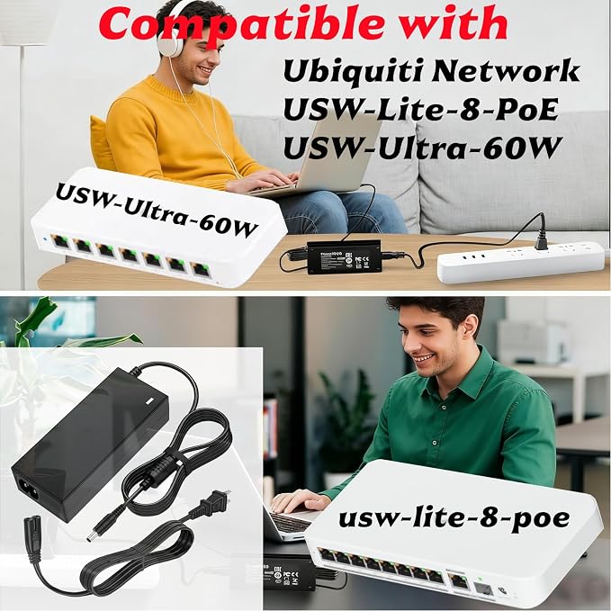 54V 1.1A Adapter for ubiquiti Network usw-lite-8-poe Gigabit Ethernet,Compatible with ubiquiti Network Ultra 60w usw-ultra-60w PoE Switch UniFi Lite 8 PoE NY-PW0L2-05401100 Power Supply Cord