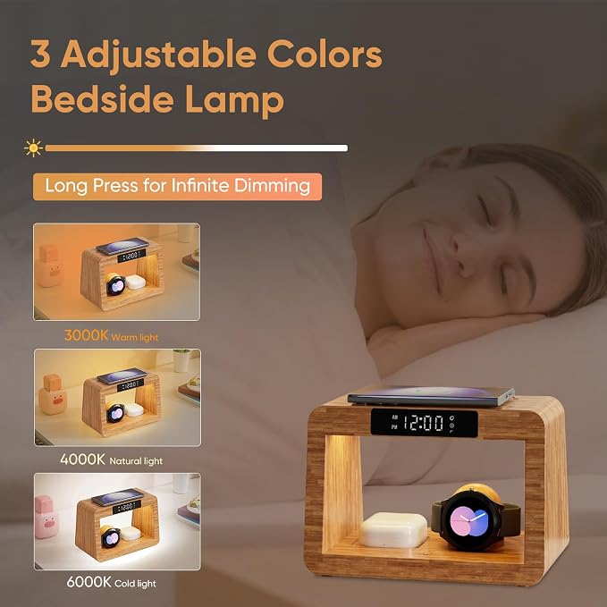 Bamboo Wireless Charging Station, 5 in 1 Charging Station with Light & Alarm Clock for Samsung & Android Phone, Wireless Phone Charger Station Only for Samsung Watch
