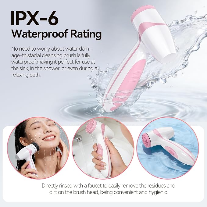 Rechargeable Facial Cleansing Brush – Dual Rotating Electric Face Scrubber with 3 Brush Heads, Waterproof Exfoliator for Deep Cleansing, Valentine's Day Gifts for Her, Mom (Pink)
