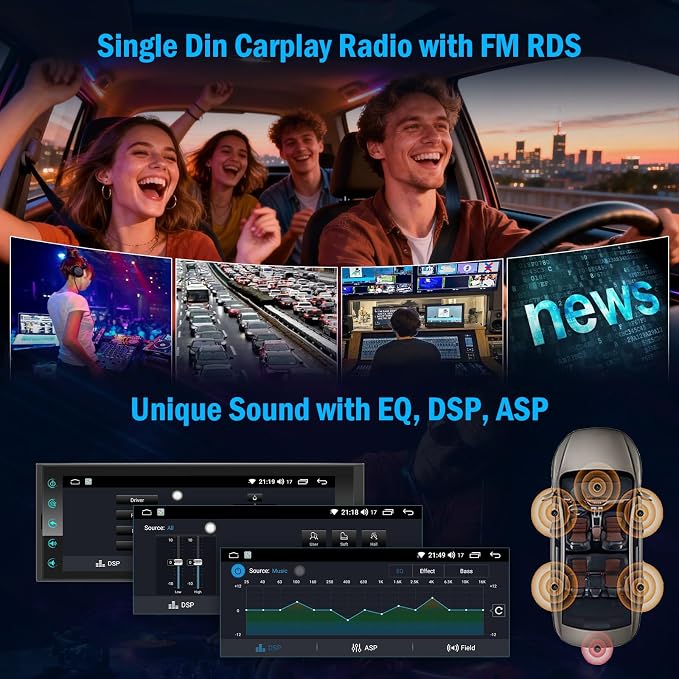 Single DIN Car Radio Android Head Unit with Wireless CarPlay Android Auto, 6.9" IPS Touchscreen Car Play Stereo with Bluetooth 5.2 WiFi USB FM/RDS SWC, Support Backup Camera