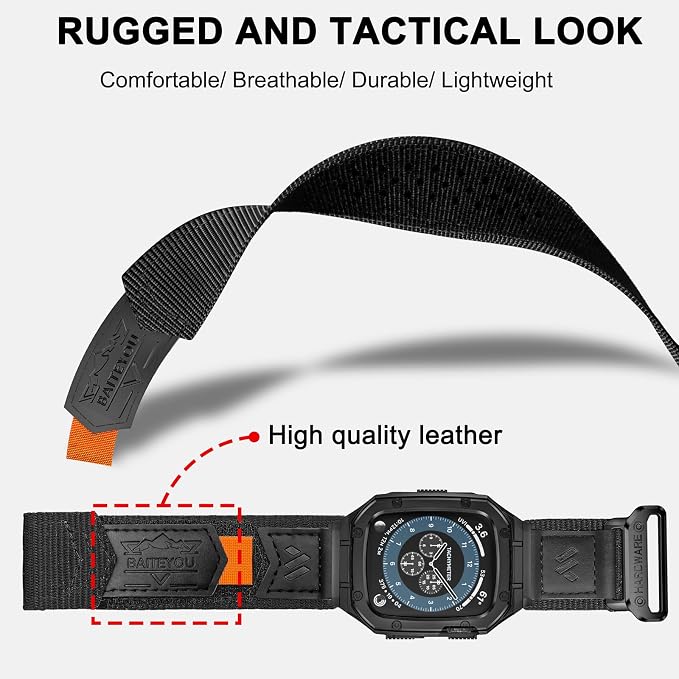 BAITEYOU Band with Case Compatible with Apple Watch Band Series 6 5 4 SE 3 2 1 44mm 42mm, Nylon Strap with Stainless Steel Metal Rugged Case Cover for iwatch Bands for Men