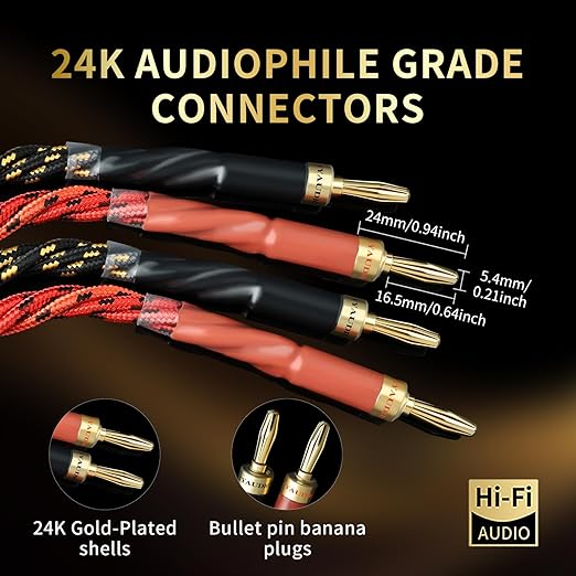 9 AWG 2Pack Audiophile Speaker Cable – Speaker Wire with Banana Plugs,4N OFC Core,Nylon Braid,Audio Wire,Compatible with Amplifier,Speakers,AV Receiver& Home Theater(6.56ft/2m)