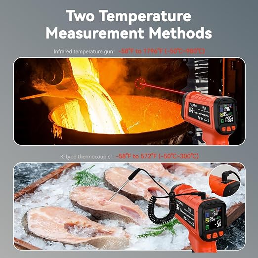 Laser Thermometer -58°F to 1796°F, Dual-Mode Infrared Thermometer Temperature Gun with K-Type Thermocouple, IR Thermometer Gun for Reptiles, Cooking, Griddle, Oven, 16:1 Home Handheld Temp Guns