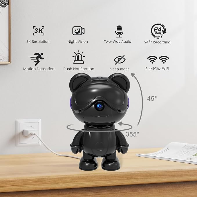 3K 5MP Indoor Security Camera for Home – Cute Bear Baby Monitor & Pet Camera, 2.4/5G WiFi, AI Human & Pet Detection with Auto Tracking, IR Night Vision, RTSP/ONVIF, Works with Alexa & Google
