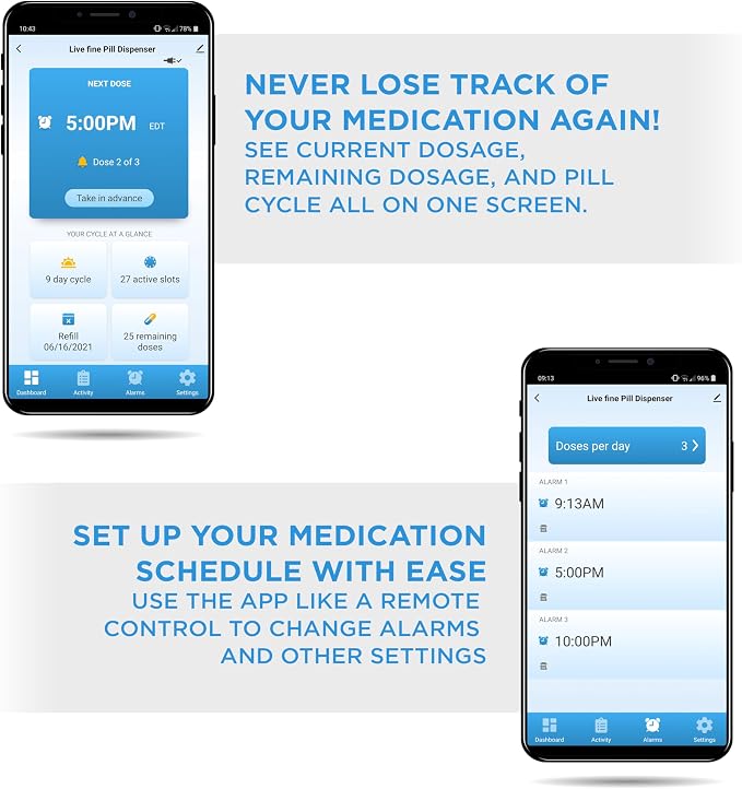 LiveFine Bluetooth Automatic Pill Dispenser, 28-Day Capacity, Sound & Light Alerts, Key Lock, LCD & Easy Setup on the LiveFine App for Prescriptions, Medications, Vitamins & Supplements - Clear Lid