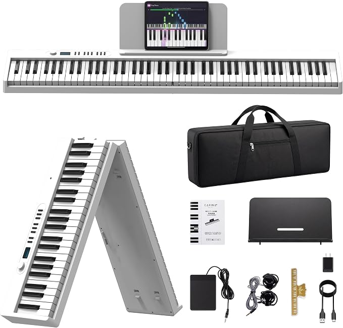 Carina Piano Keyboard, 88 Keys Full Size Semi Weighted Foldable Piano, Portable Electronic Keyboard Piano, Sustain Pedal, Keyboard Stickers, Music Stand and Piano Bag (White)
