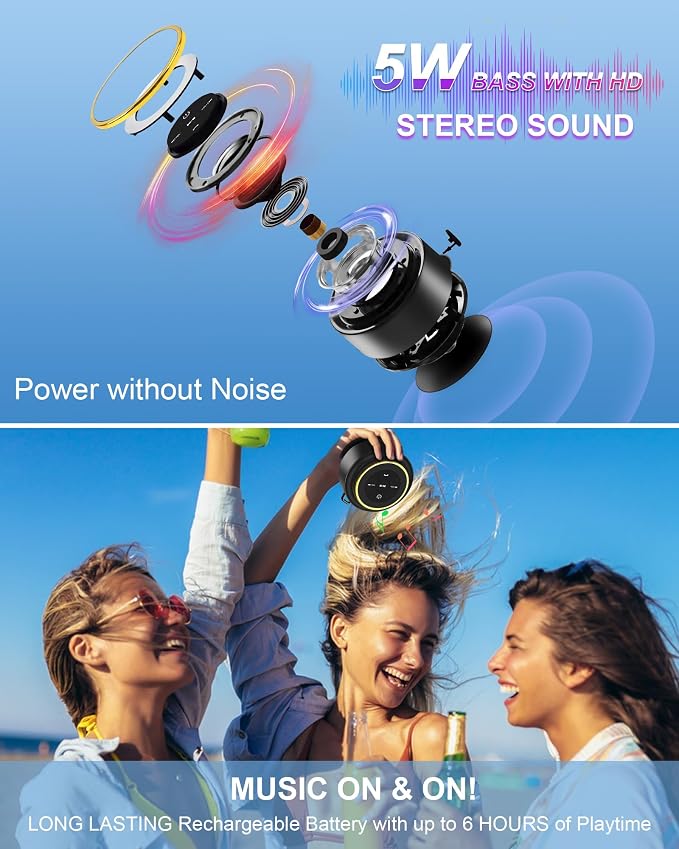 Bluetooth Shower Speaker, Portable Bluetooth Speakers, IP67 Waterproof Wireless Speaker with Suction Cup & Carabiner, Built-in Mic, True Wireless Stereo for Kayak, Beach, Gifts for Unisex