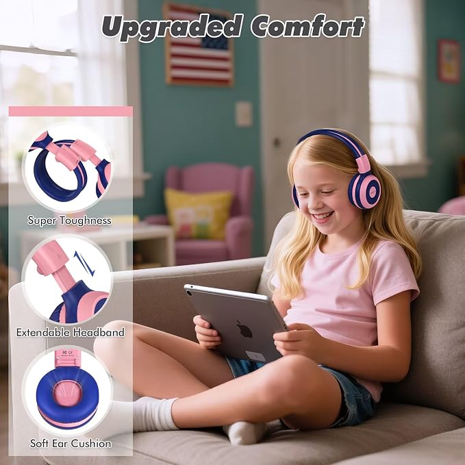 SIMOLIO 2 Pack Wireless Kids Headphones with Share Port, 75/85/94dB Volume Limiting, HD Mic, USB C Charging, Foldable Headphones with Travel Case for iPad Tablet School Airplane Boys Girls