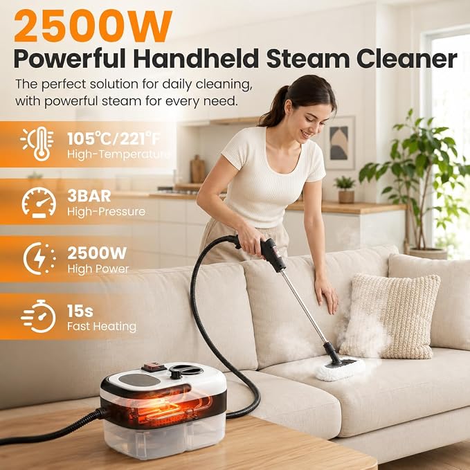 Handheld Steam Cleaner –13pcs Accessories, 1200ml Tank,6-Level Adjustable and 15s Heat-Up Portable Multi-Purpose Steamer for Home,Sofa,Car Floor,Window