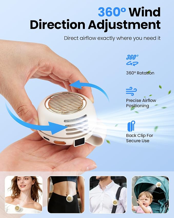 UNIWA Clip On Fan, Portable Silent Mini Bladeless Fan for Shirt/Waist, 5 Speed Adjustable&LED Display, Spin 360° Fan, Hands-Free, Wearable Fan for Outdoor Travel, Office, Gift Women Apricot White+Pink