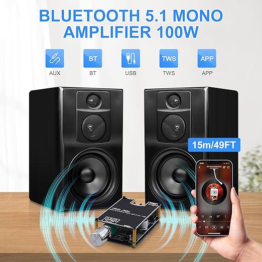 2Pack ZK-1001B Bluetooth Amplifier Board, 100W Mono AMP TWS Mini Audio Power Amplifier Module with Box Matching for Home Speaker System, Bluetooth/AUX/USB Input, APP Control DC 7-24V