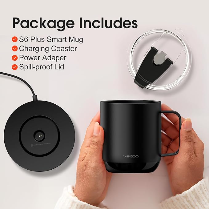 Vsitoo S6 Plus 12oz Smart Self Heating Coffee Mug, AI Auto-Sensing Heated Espresso Mug Temp Control 120-150℉, Rechargeable Mug Warmer with Music LED, IPX7 Gift for Women Men- Black