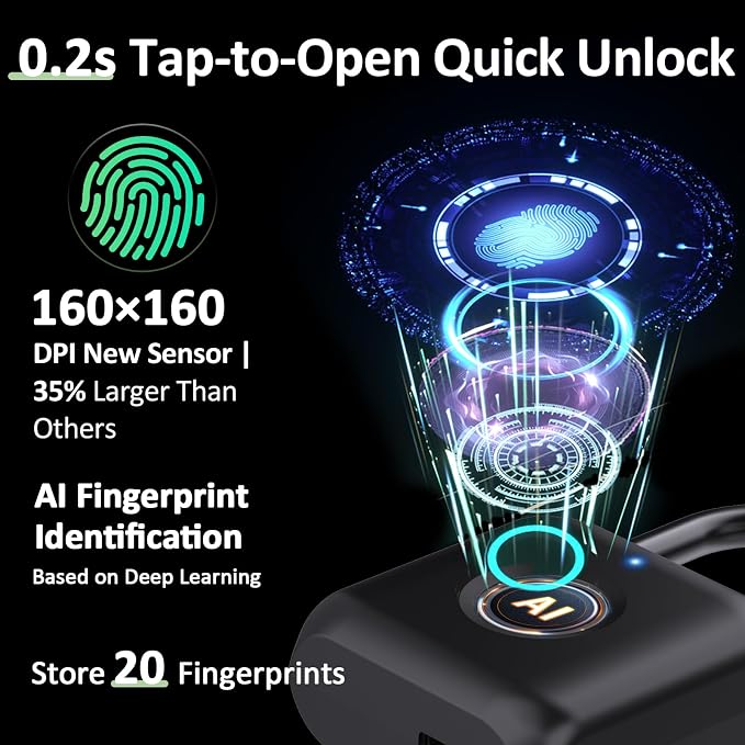 Pothunder Fingerprint Padlock, Smart Padlock, Locker Lock, Combination Lock, Fingerprint Lock with APP Unlock, USB Rechargeable, Suitable for Gym Locker, Door, Locker(Black)