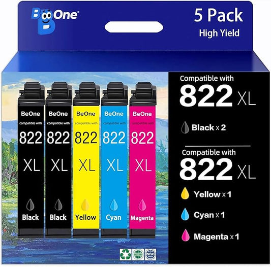 BeOne 822XL Ink Cartridges High Yield Remanufactured Replacement for Epson 822XL Ink Cartridges for 822XL Printer for Epson WF-3820 WF-4820 WF-4830 WF-4833 WF-4834 WF-3823 Printer (5 Pack)
