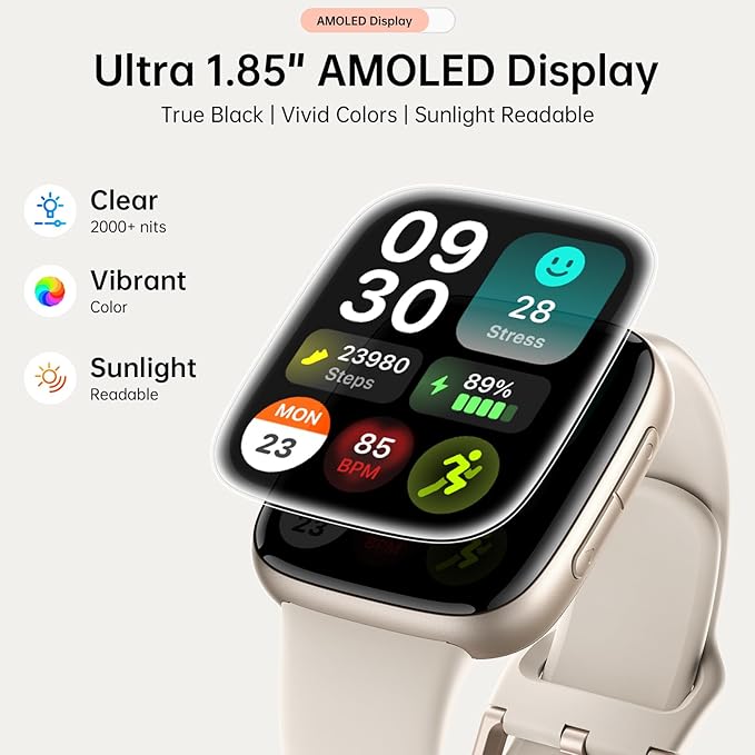 Smart Watches for Women Men, 1.85" HD AMOLED Smart Watch for Android iPhone, 3ATM Waterproof, Bluetooth Calls/Messages, SpO2/Heart Rate Monitor, Sleep Tracker, 120+ Sports Modes Fitness Watch, 2 Bands