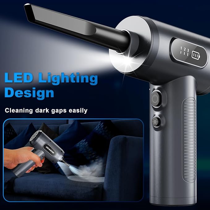 FRESMOL Compressed Air Duster 100000RPM Cordless Grey | 3 Speeds, Smart LED Display, LED Light, 7500mAh Rechargeable, 5 Nozzles & 3 Brushes, for Keyboard, Car, Home, Outdoor