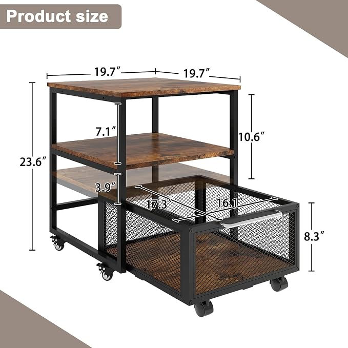 PUNCIA 19.7"x19.7" Mini Fridge Stand 3-Tier Storage Beverage Fridge Table | 220-lb Capacity Beverage Refrigerator Table, Heavy Duty Rolling Organizer with Drawers for Dorm Apartment Office Bedroom