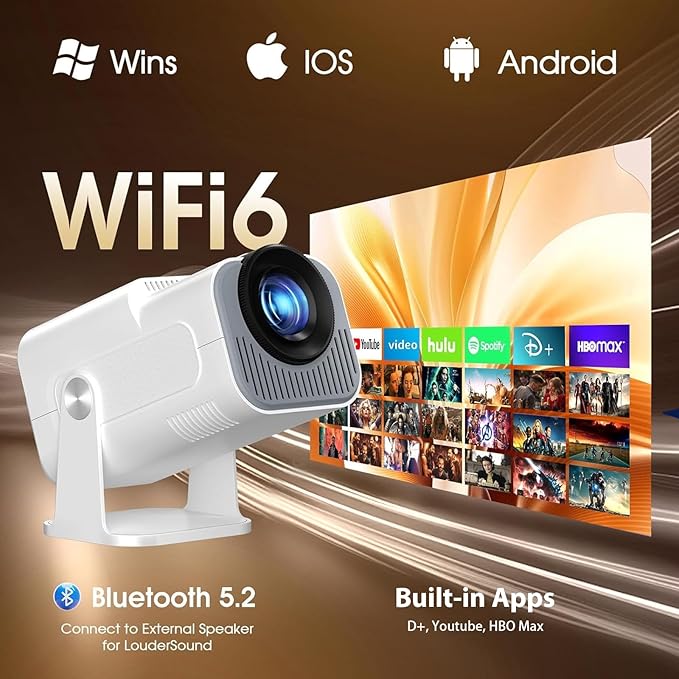 [Smart Projector & Built-in Apps] Mini Projector Support 4K 1080P FHD Portable Projector with WiFi and Bluetooth 180° Rotatable Auto Keystone, Compatibile with HDMI/TV Stick/Memory Stick/Laptop, White